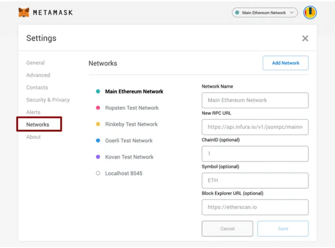 MetaMask settings page