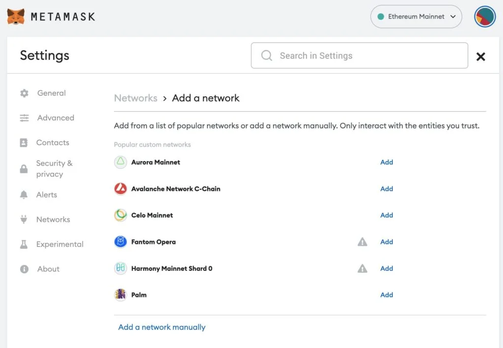 Search and add network to MetaMask