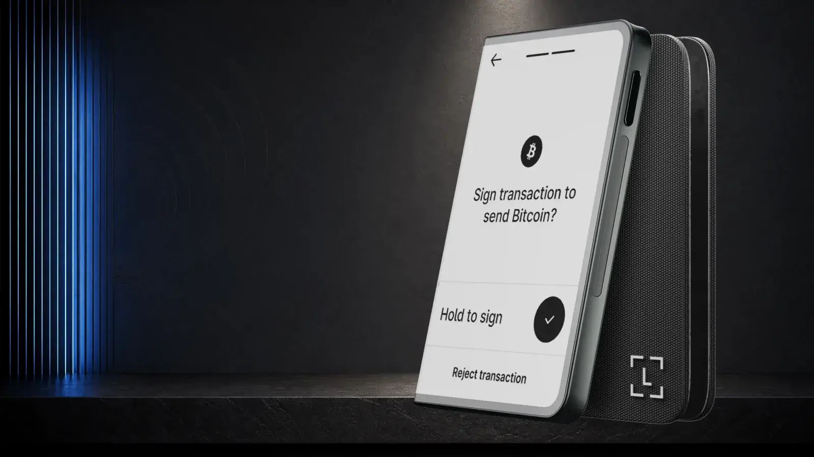 Ledger Stax curved E Ink hardware wallet in a dark premium studio scene