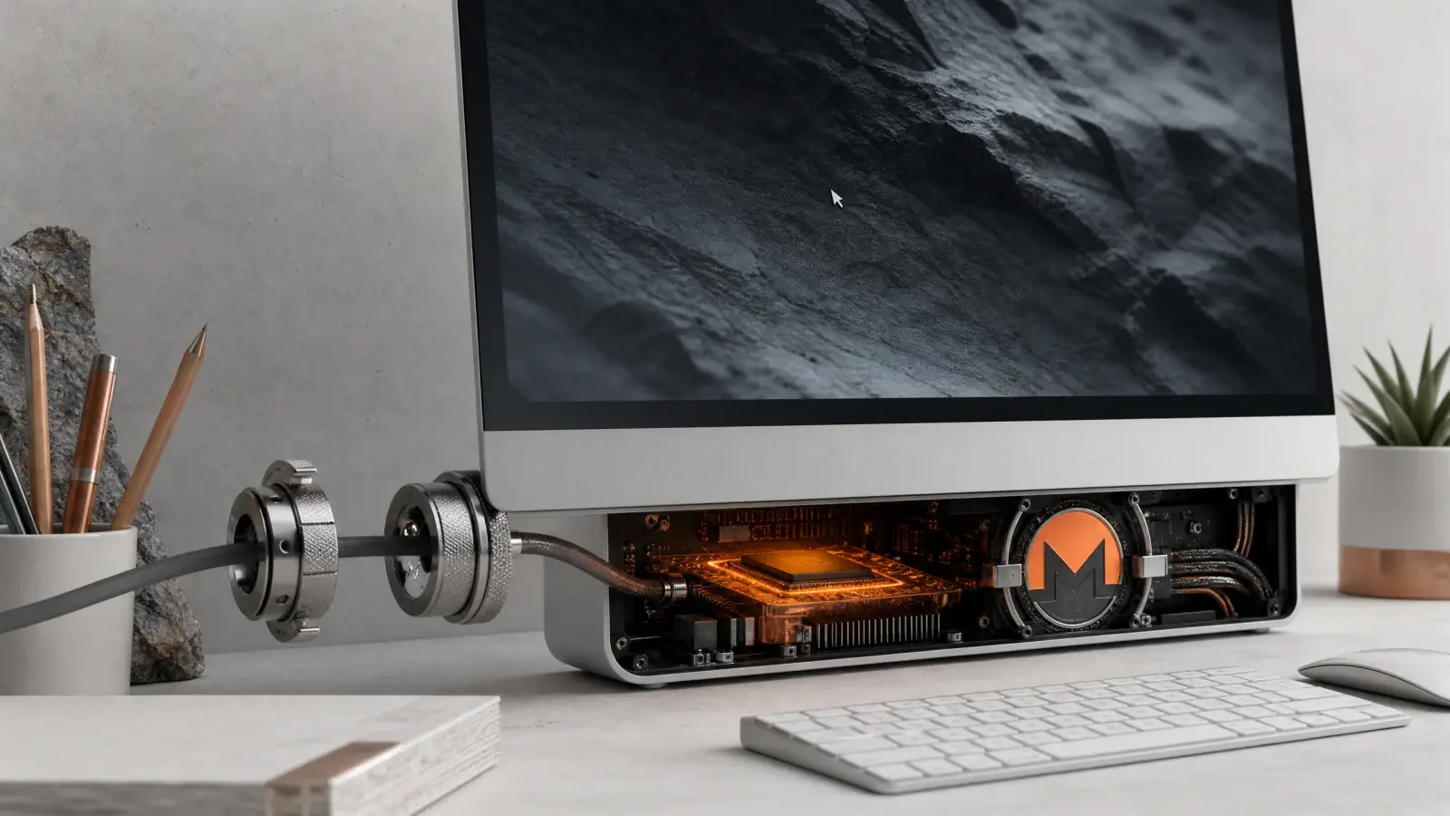 An exposed Mac screen-sharing connection bypassing an authentication gate and driving a hidden Monero mining processor