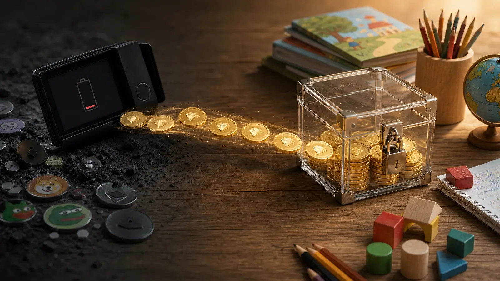 Gold crypto coins moving from a retired public wallet into a transparent education fund beside children's books and pencils
