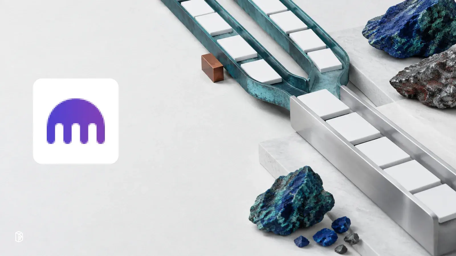 Kraken mark beside two teal trading-route channels merging into an aluminium trough with blank order tiles