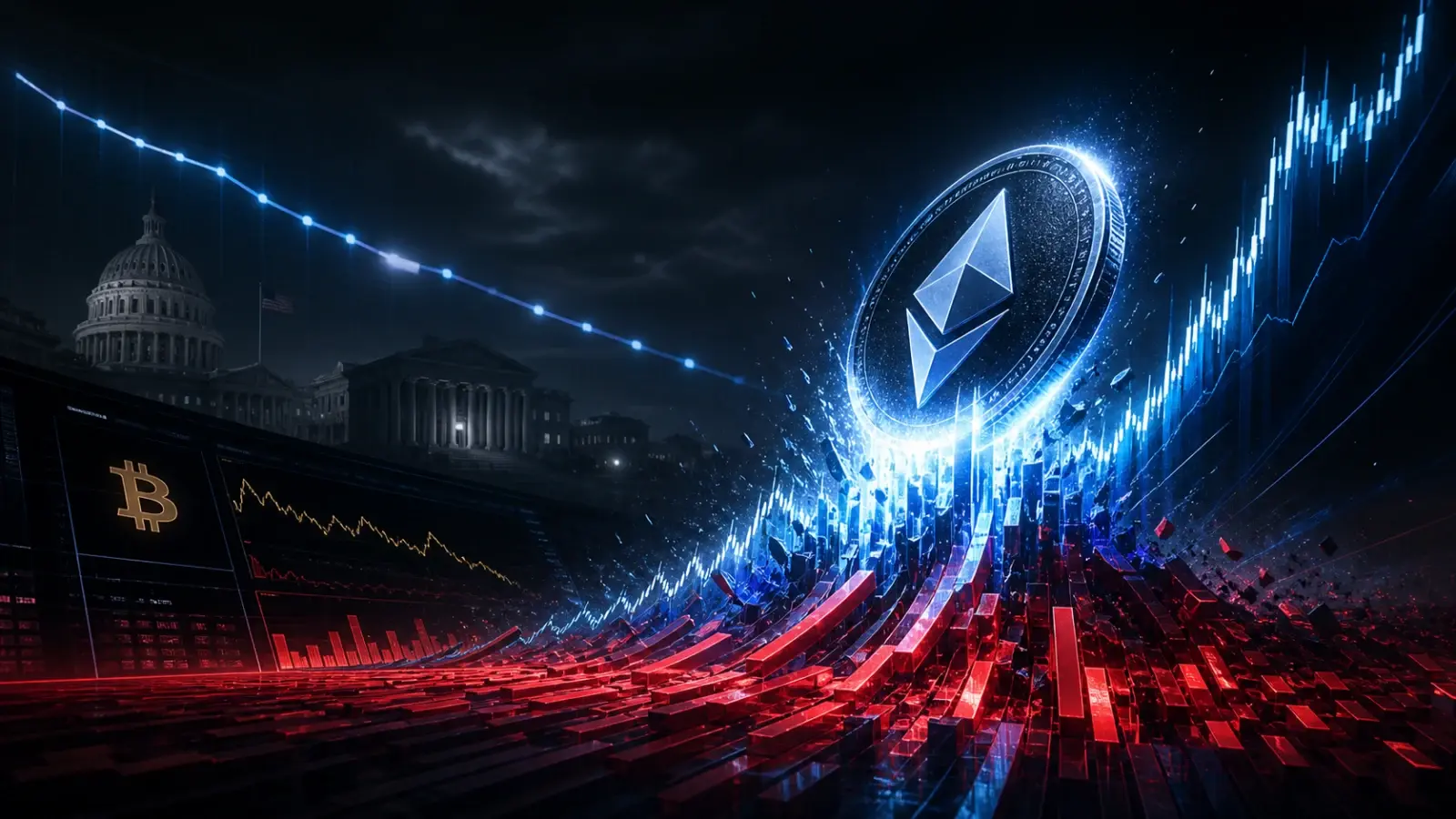 Ethereum breaks upward through a red liquidation grid as United States Treasury yields fall behind it
