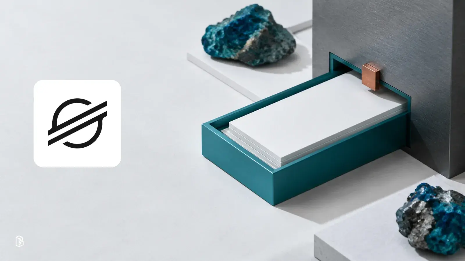 Stellar mark beside a teal portfolio tray passing through a narrow graphite eligibility gate with a copper latch