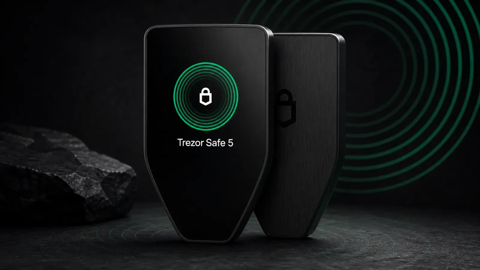 Illustration of a cable-connected hardware wallet beside blank backup cards on a mineral-paper tabletop