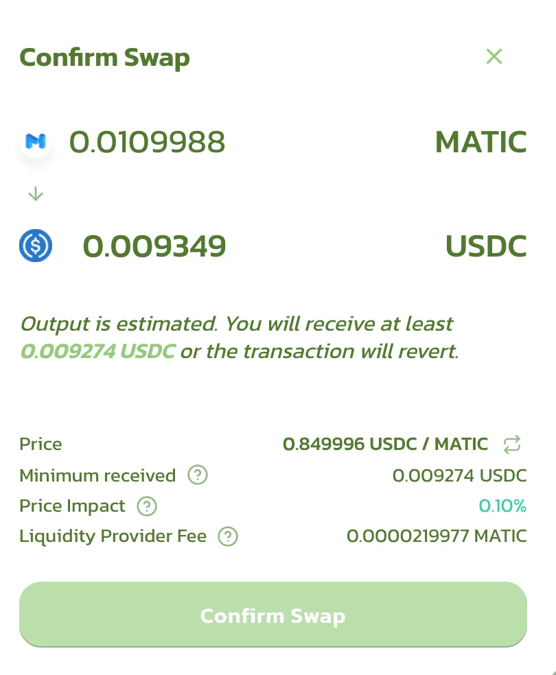 Dinoswap confirmation page