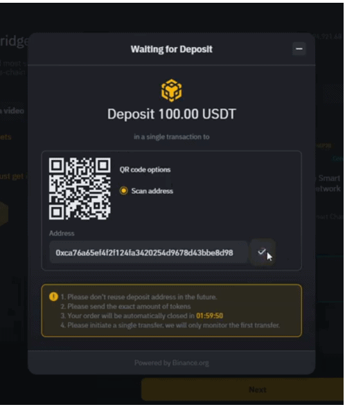 Binance Bridge deposit page