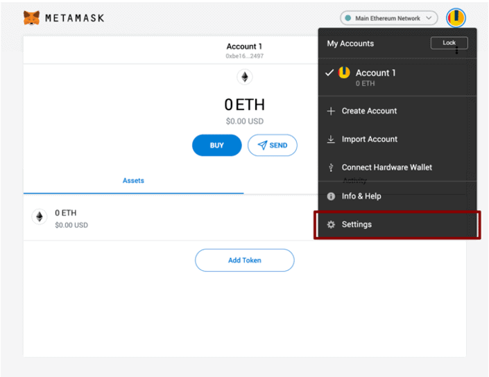 MetaMask drop down menu