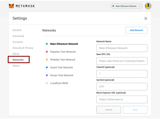 MetaMask settings page
