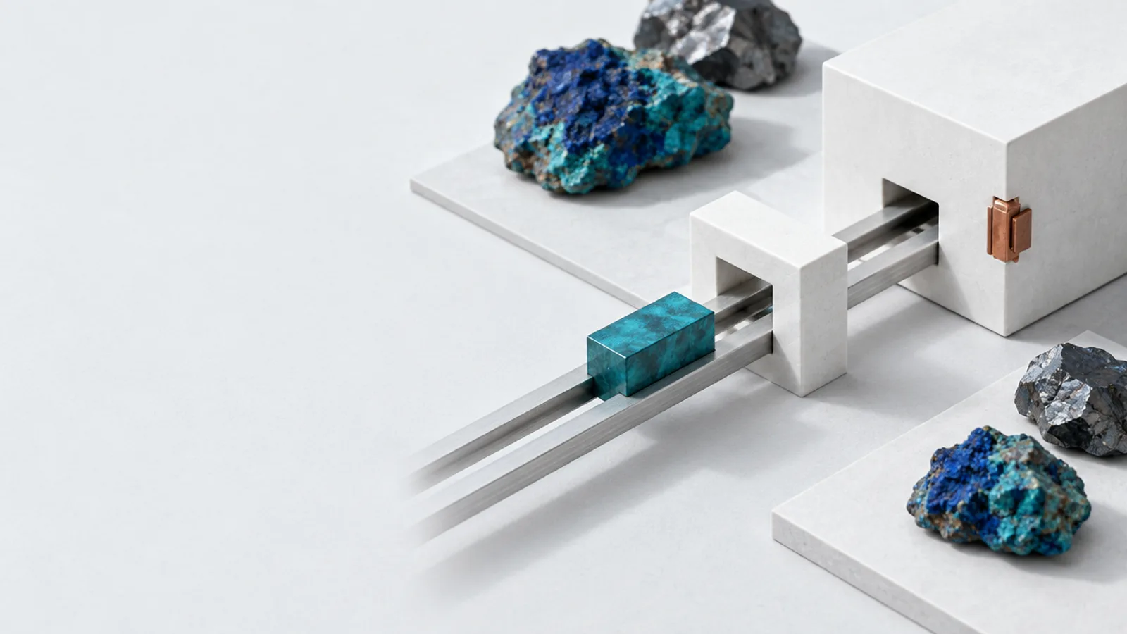 Parallel rails carry a teal block to small and large validator nodes, with a copper timing gate beside the larger node