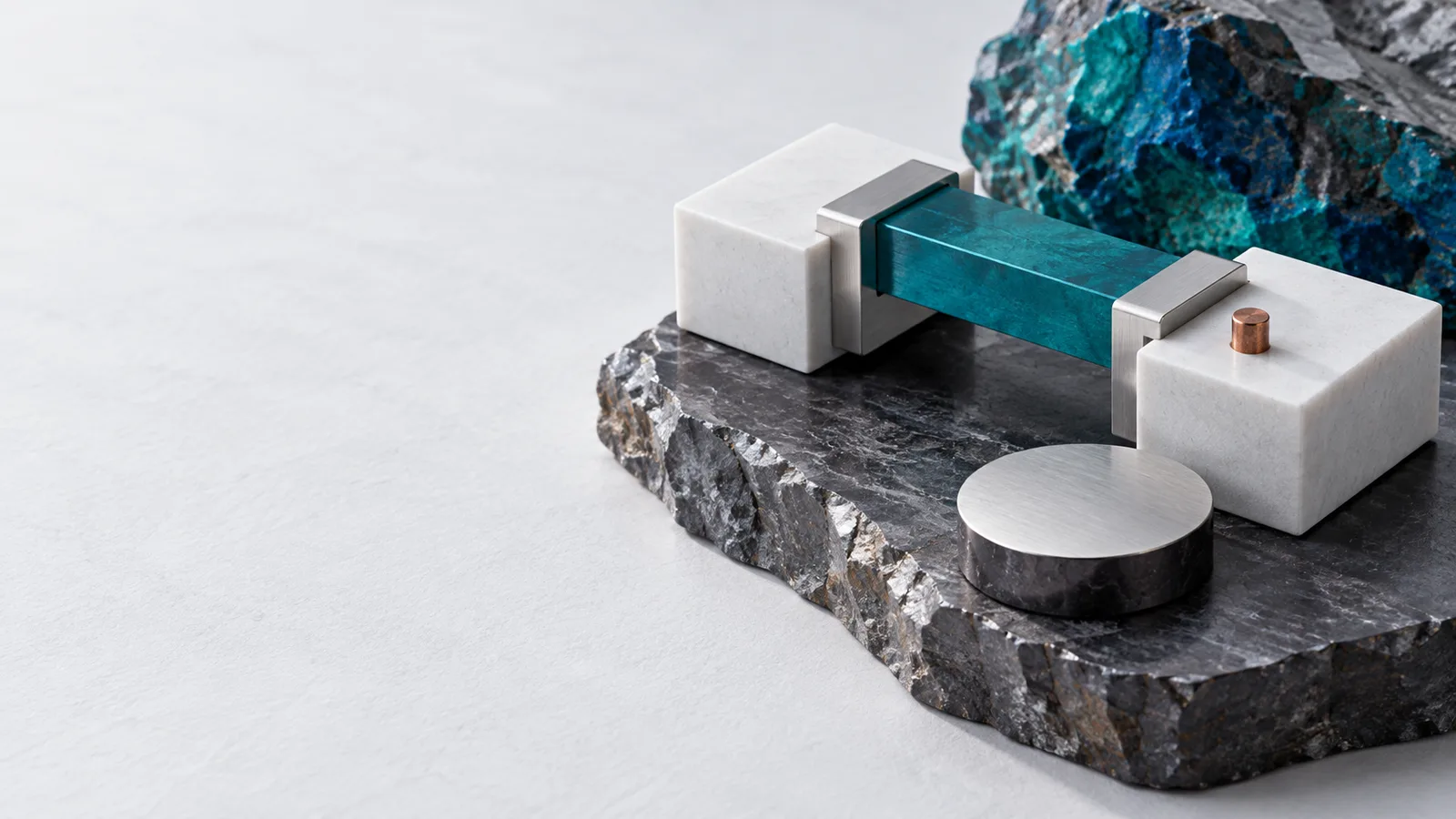 A teal bridge joins white platforms beside a separate blank metal disc, distinguishing settlement from timekeeping